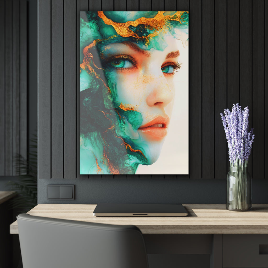Acrylic Print — Turquoise Portrait Art with Gold Veins (French Cleat Hanging)