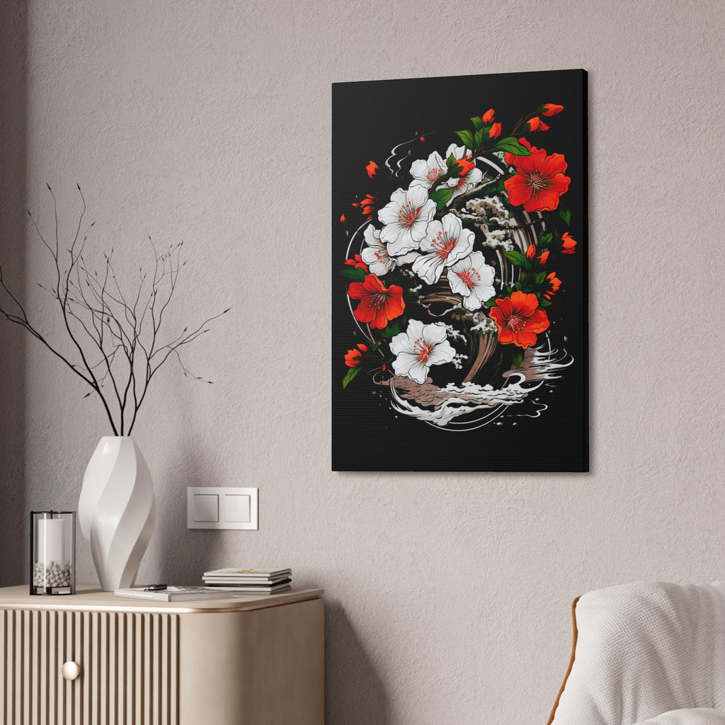 Floral Yin-Yang Canvas Print — Red & White Blossoms Stretched Wall Art