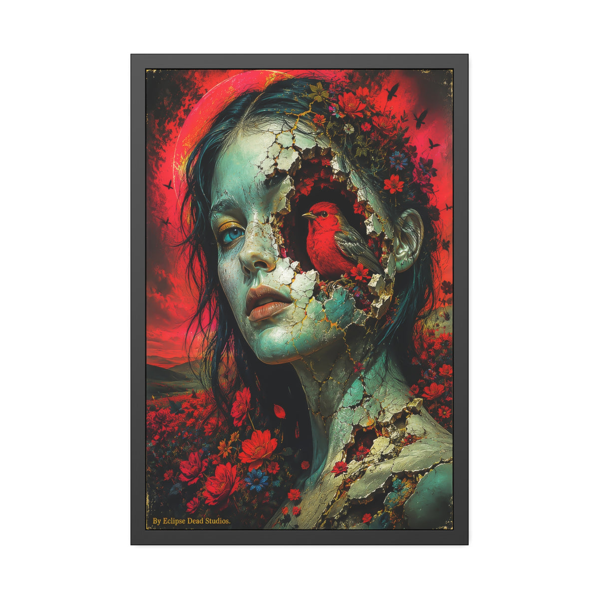 Framed Art Poster — Surreal Floral Portrait with Crimson Cardinal
