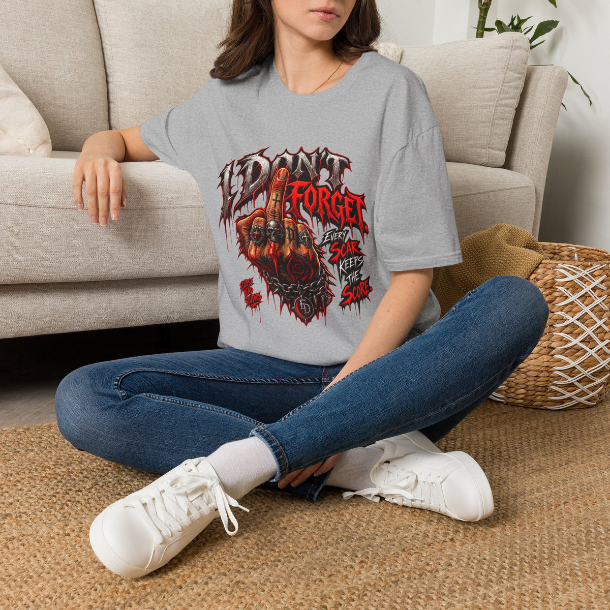 I Don't Forget Graphic T-Shirt — Gothic Middle Finger Skull Design