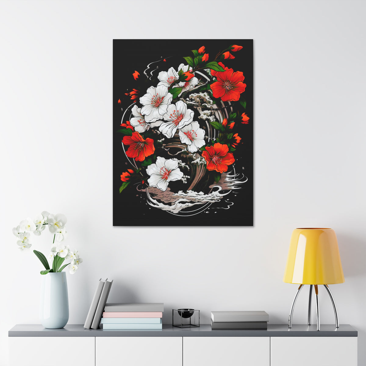 Floral Yin-Yang Canvas Print — Red & White Blossoms Stretched Wall Art