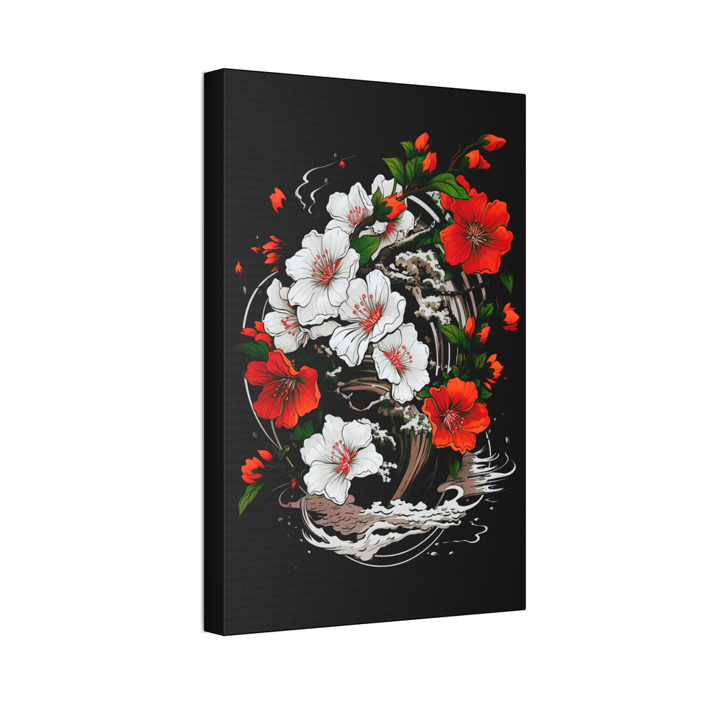 Floral Yin-Yang Canvas Print — Red & White Blossoms Stretched Wall Art