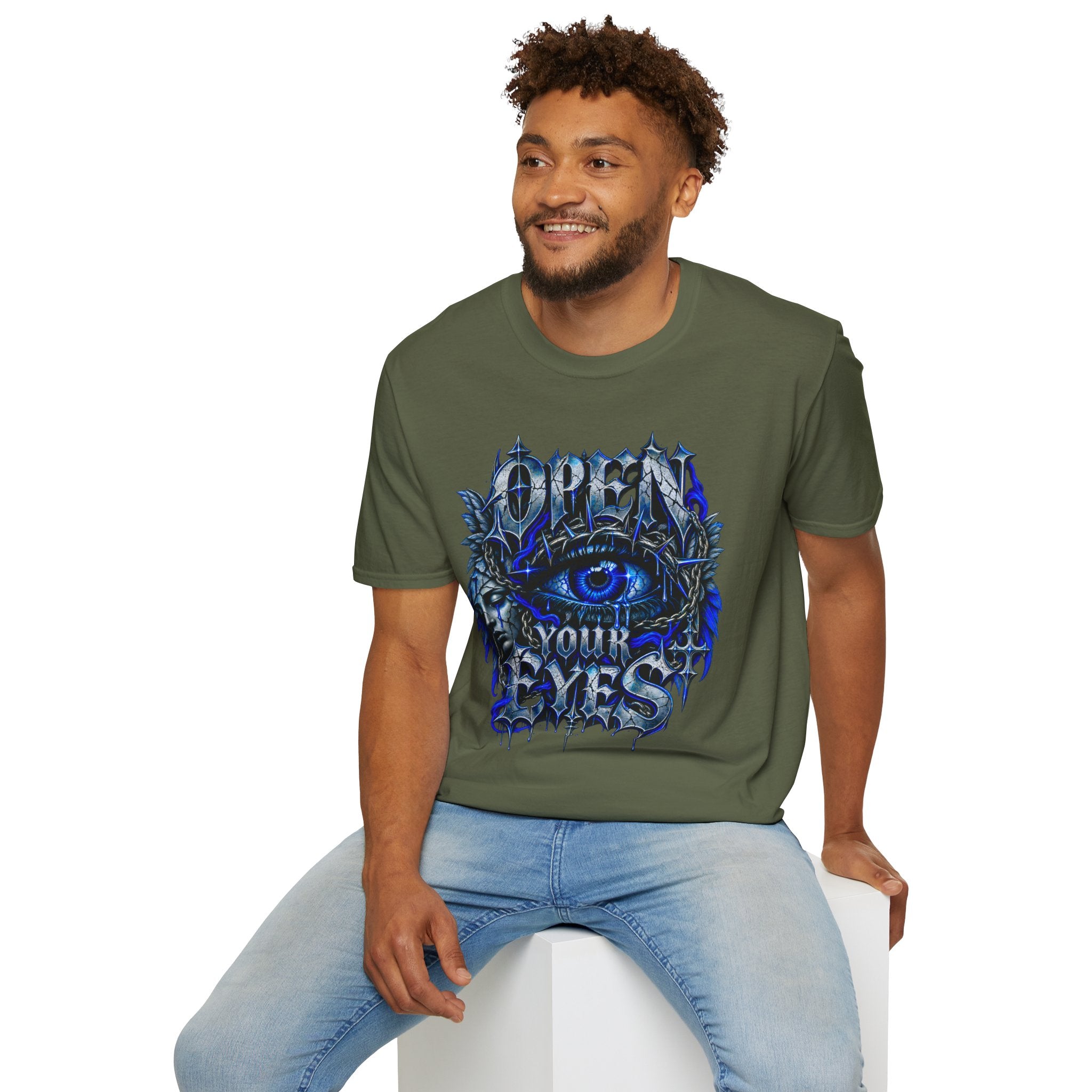 Graphic T-Shirt — "Open Your Eyes" Blue Eye Gothic Design