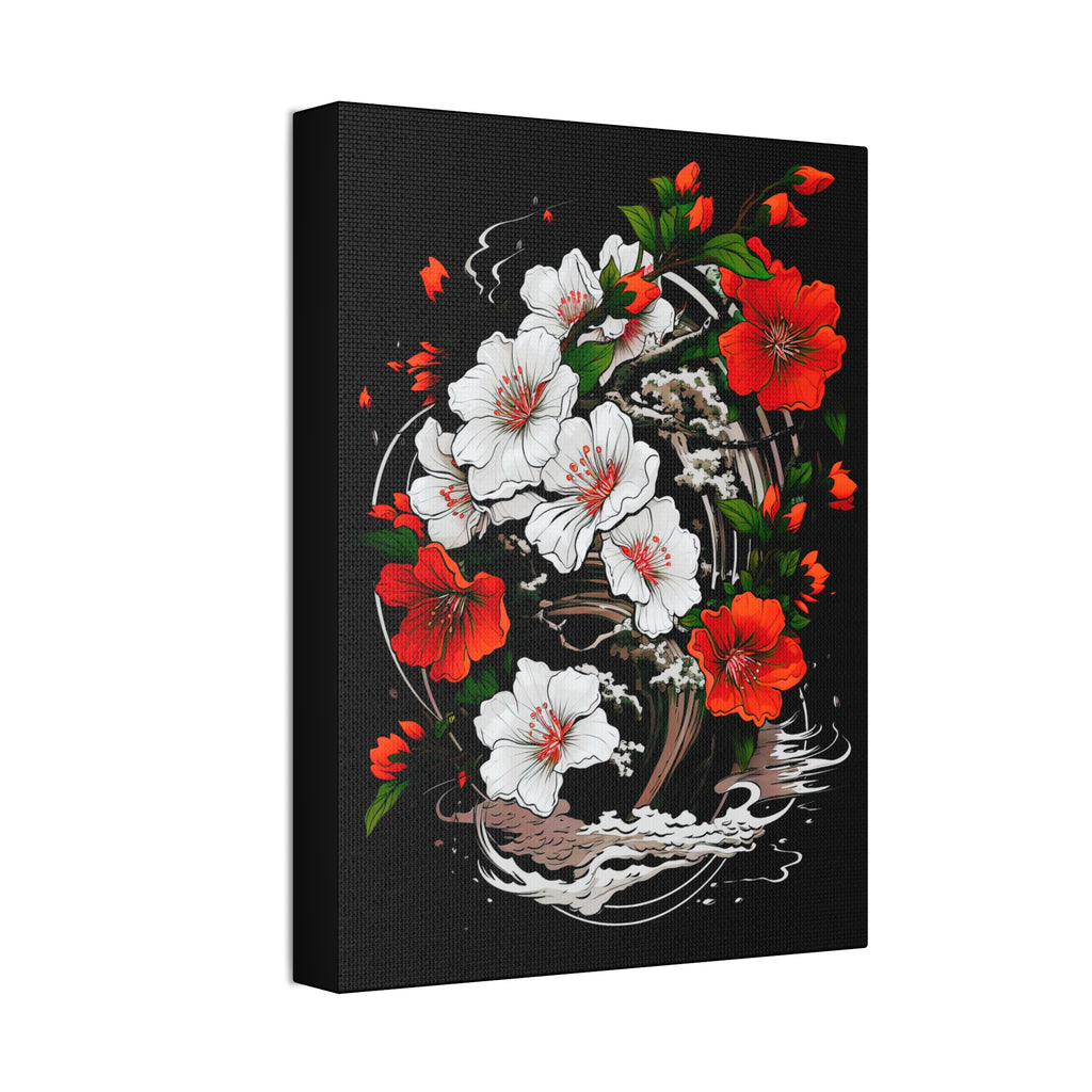 Floral Yin-Yang Canvas Print — Red & White Blossoms Stretched Wall Art