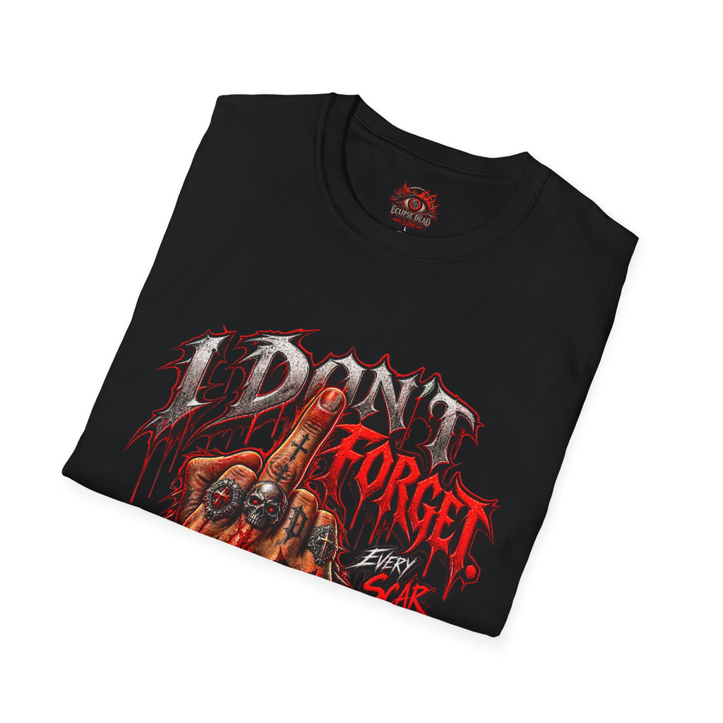 I Don't Forget Graphic T-Shirt — Gothic Middle Finger Skull Design