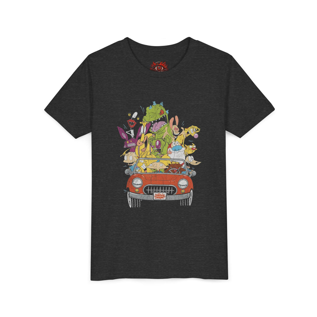 Kids Cartoon Road Trip Tee — Colorful Animal Crew Driving Graphic Youth Shirt