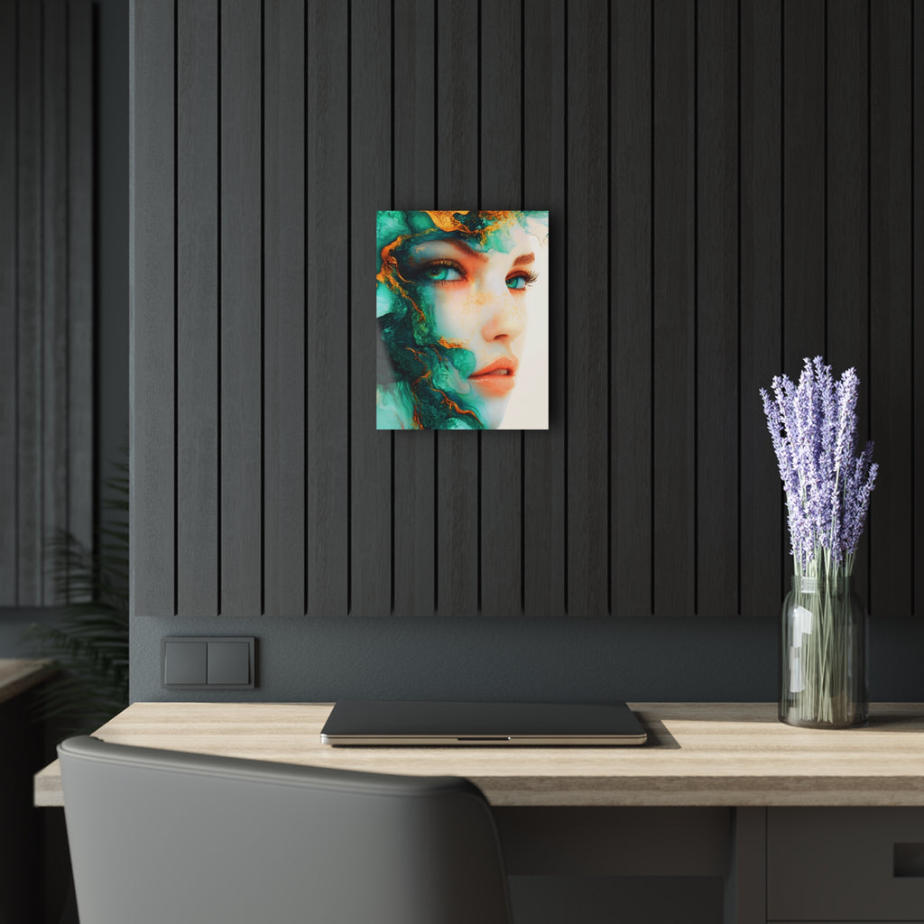 Acrylic Print — Turquoise Portrait Art with Gold Veins (French Cleat Hanging)