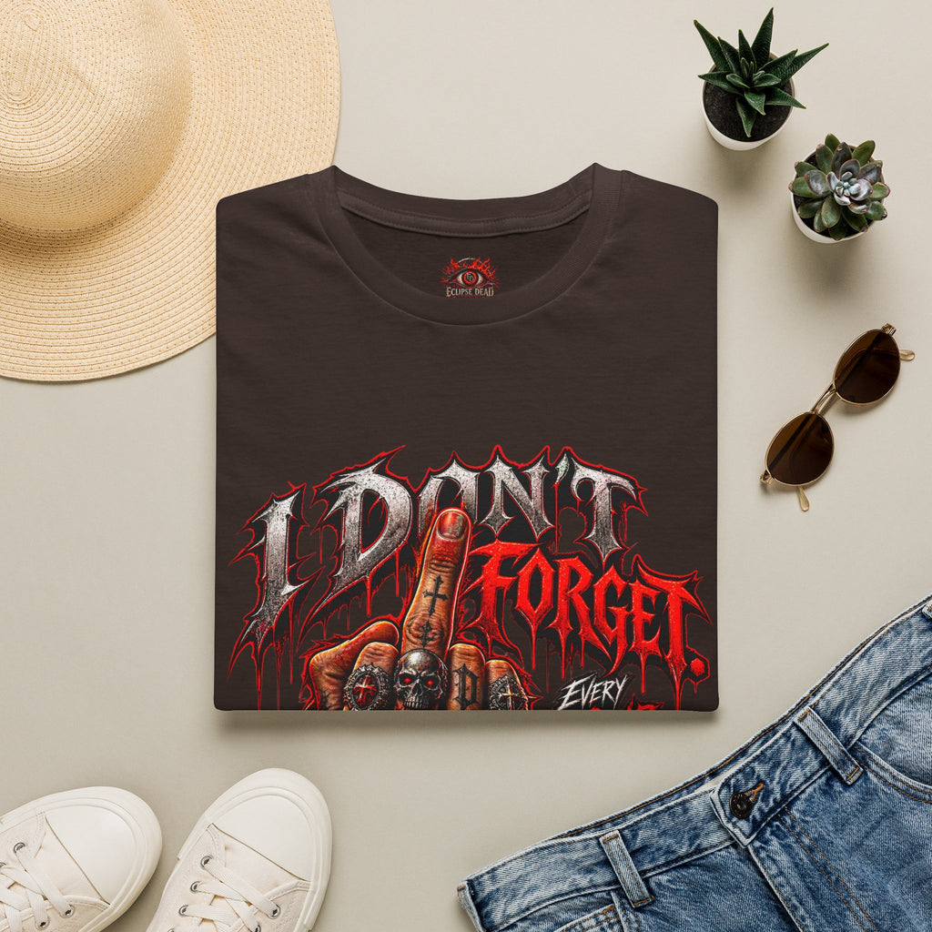 I Don't Forget Graphic T-Shirt — Gothic Middle Finger Skull Design