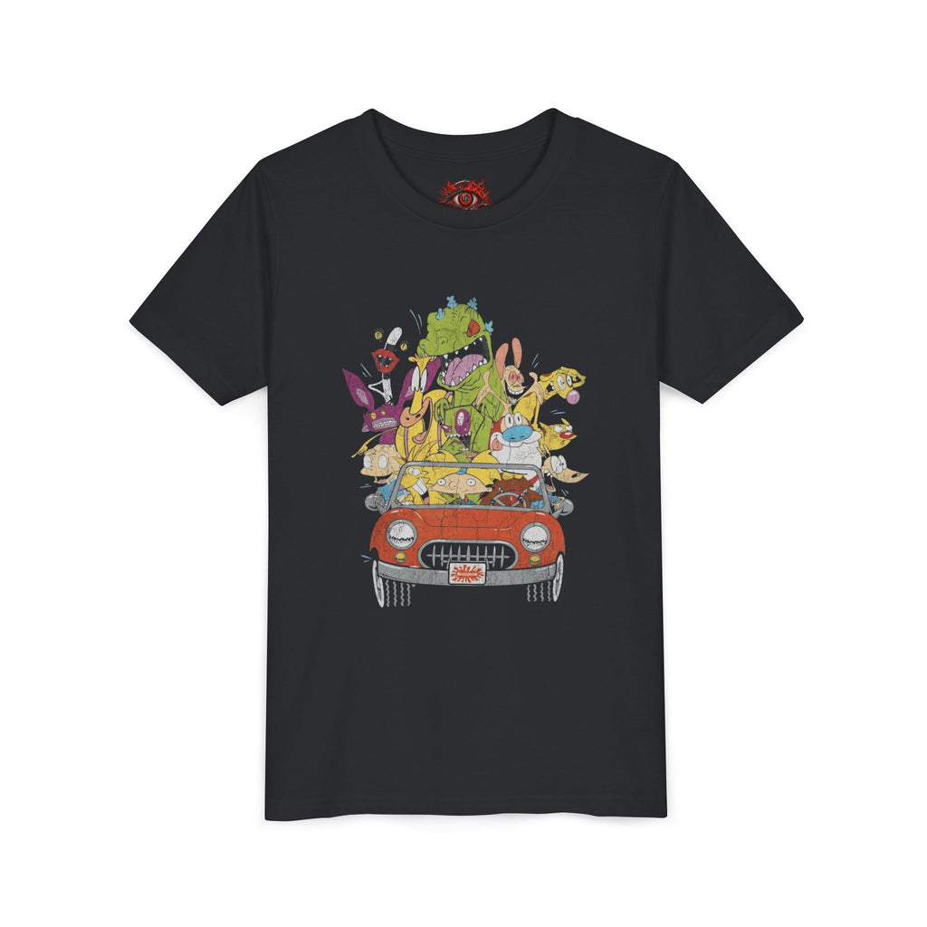 Kids Cartoon Road Trip Tee — Colorful Animal Crew Driving Graphic Youth Shirt