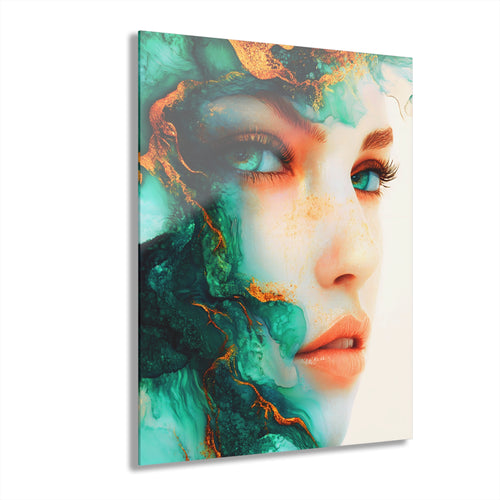 Acrylic Print — Turquoise Portrait Art with Gold Veins (French Cleat Hanging)