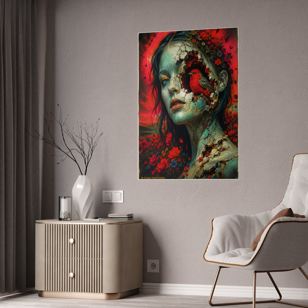 Surreal Floral Portrait Gloss Poster — Cracked Face & Cardinal Art Print