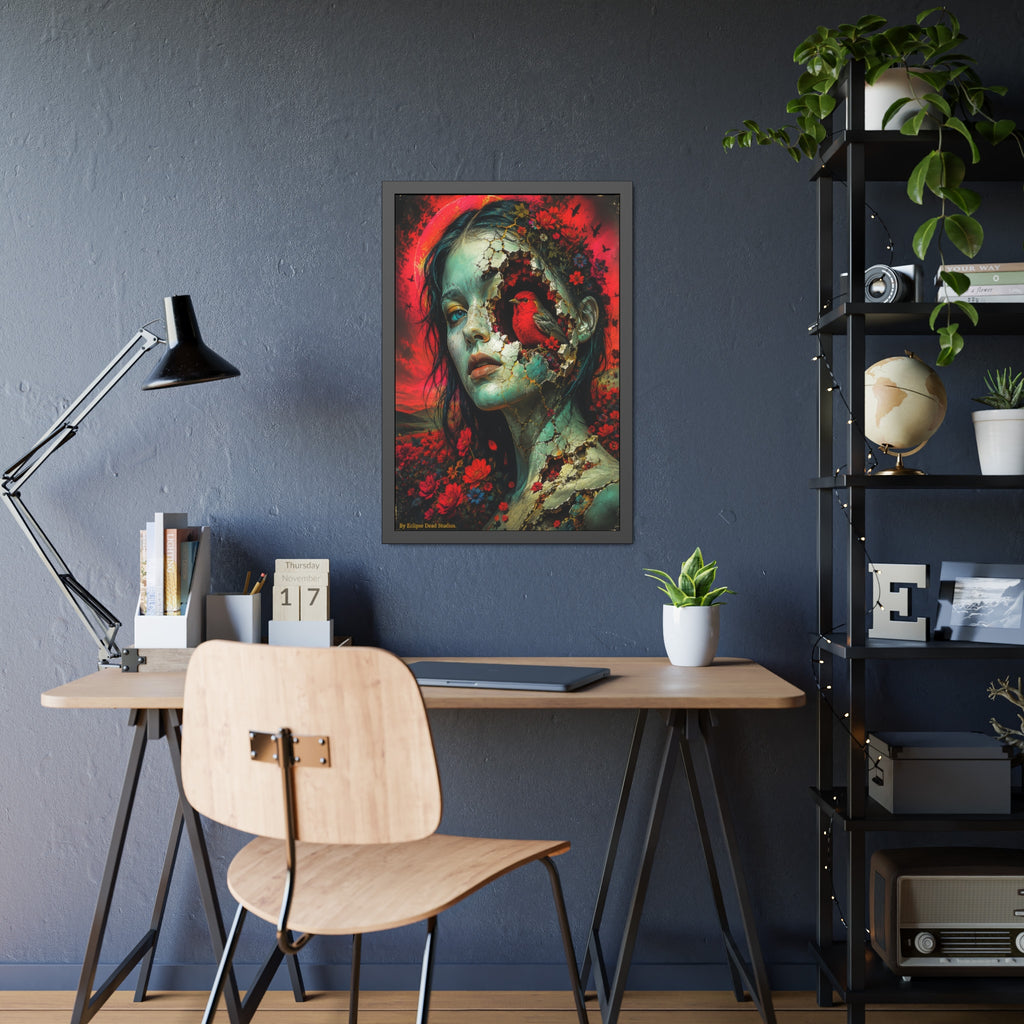 Framed Art Poster — Surreal Floral Portrait with Crimson Cardinal