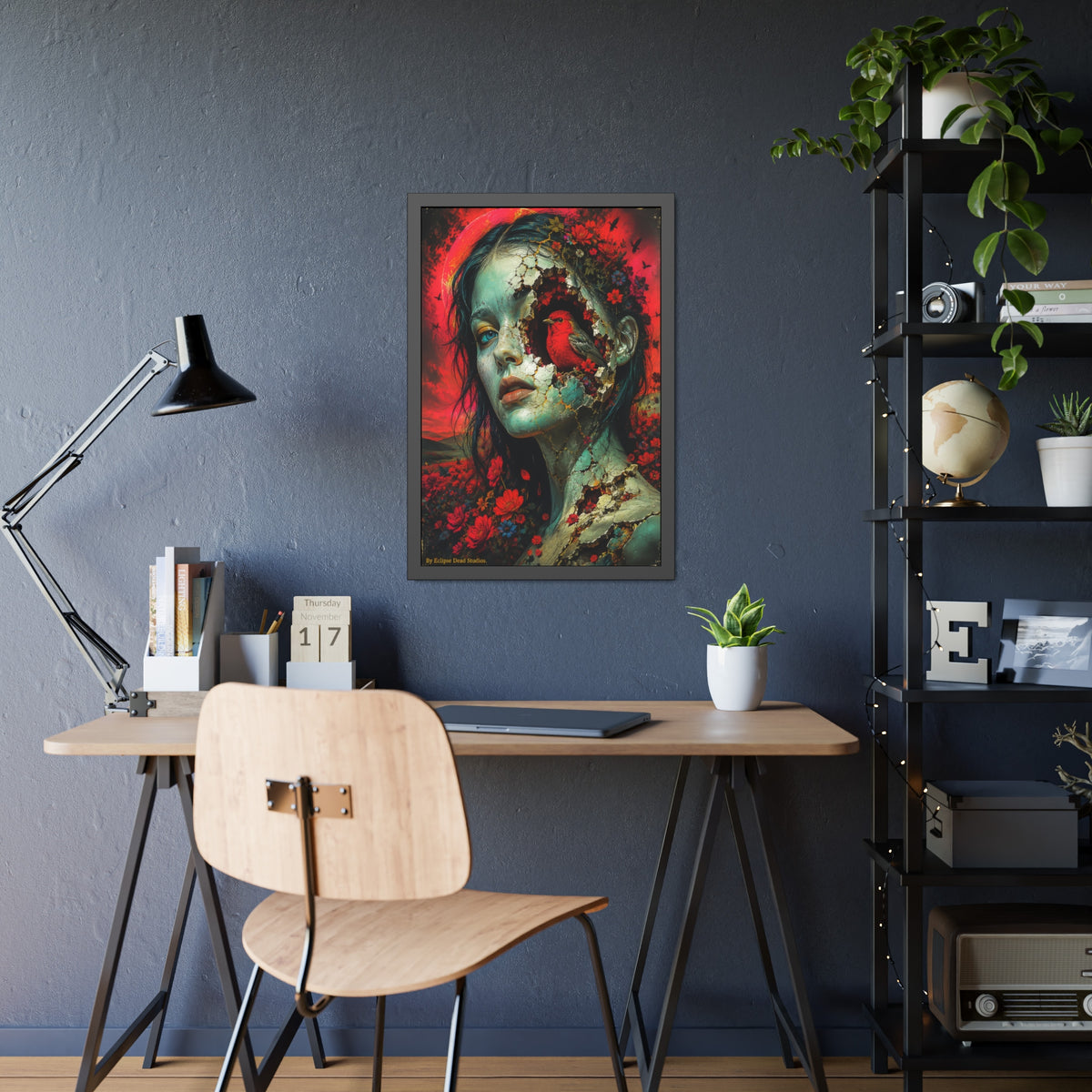 Framed Art Poster — Surreal Floral Portrait with Crimson Cardinal