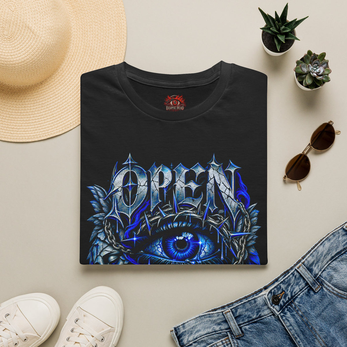 Graphic T-Shirt — "Open Your Eyes" Blue Eye Gothic Design