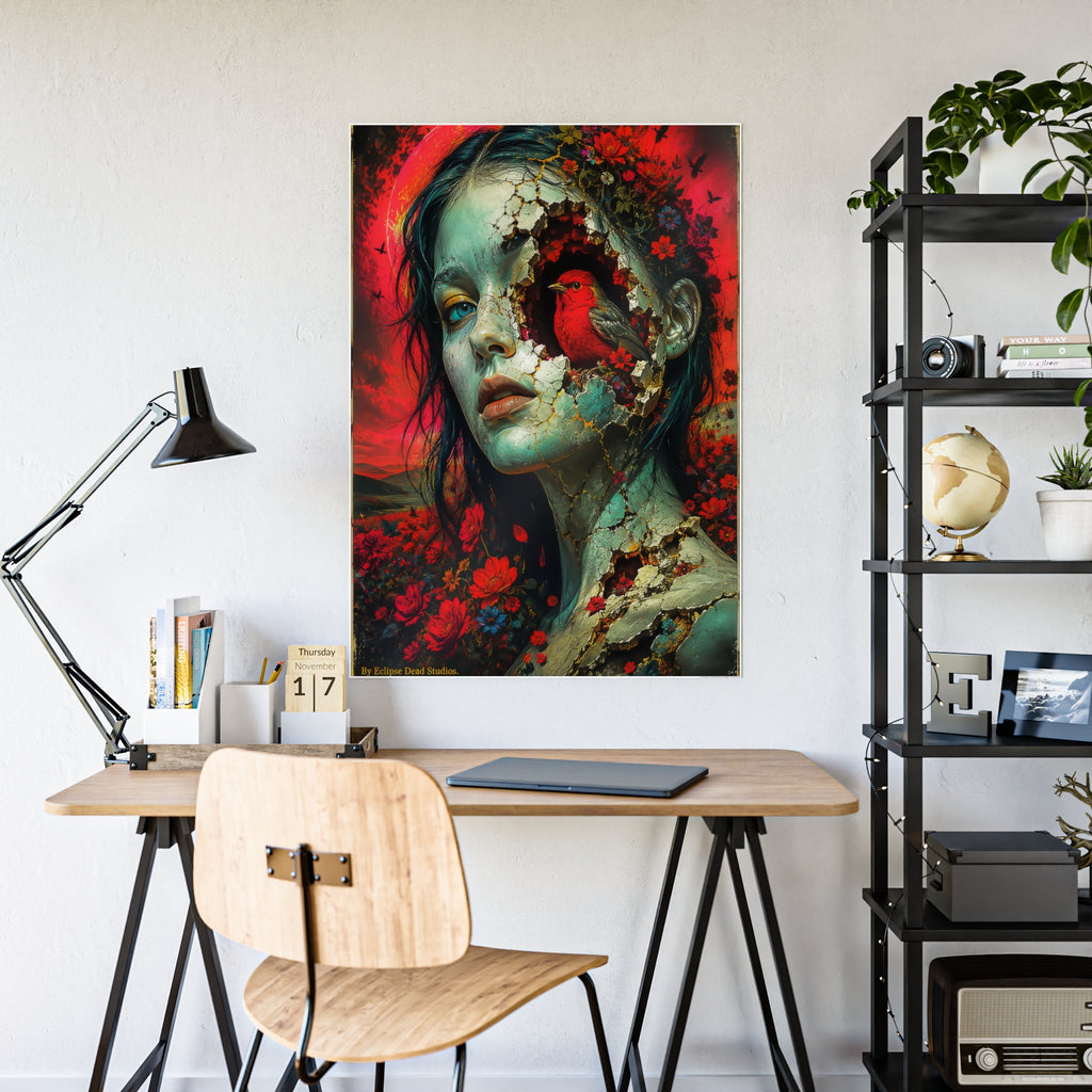 Surreal Floral Portrait Gloss Poster — Cracked Face & Cardinal Art Print