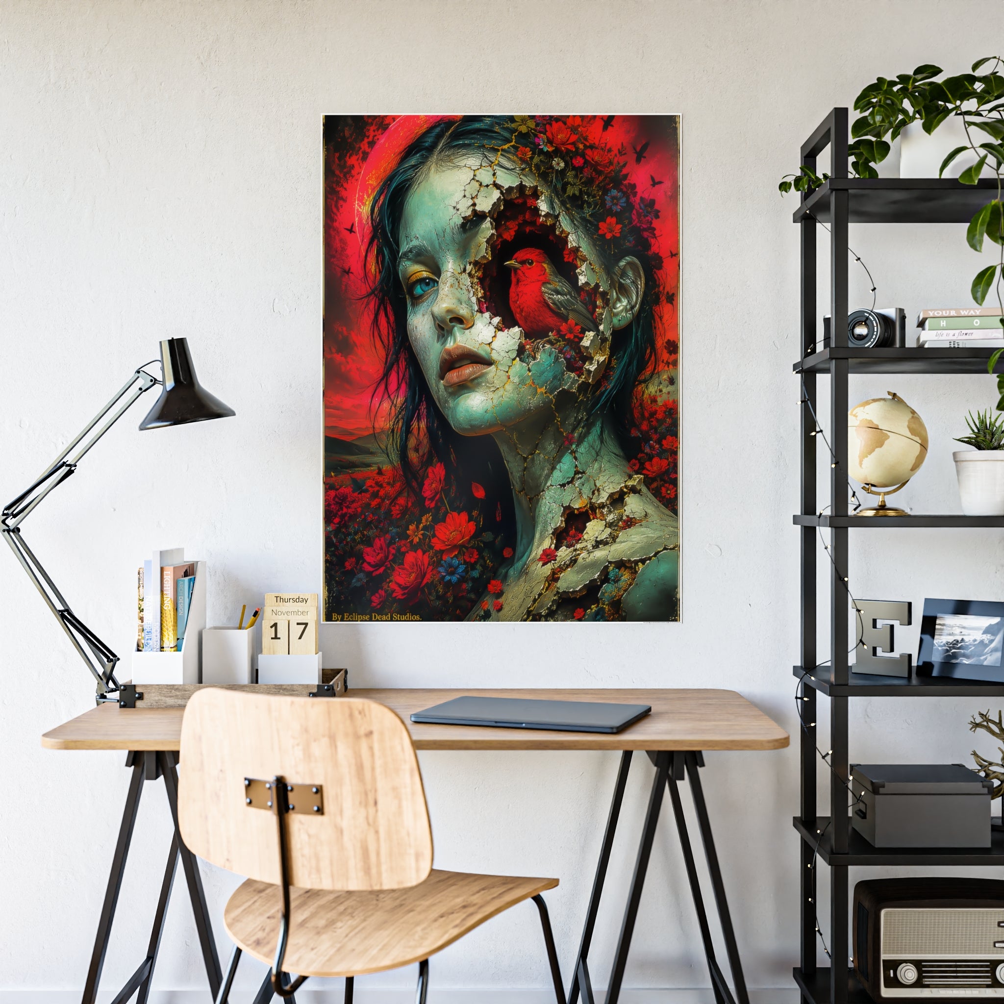 Surreal Floral Portrait Gloss Poster — Cracked Face & Cardinal Art Print
