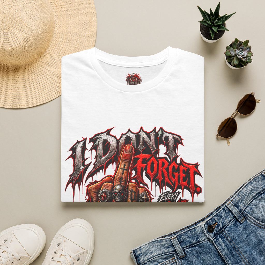 I Don't Forget Graphic T-Shirt — Gothic Middle Finger Skull Design
