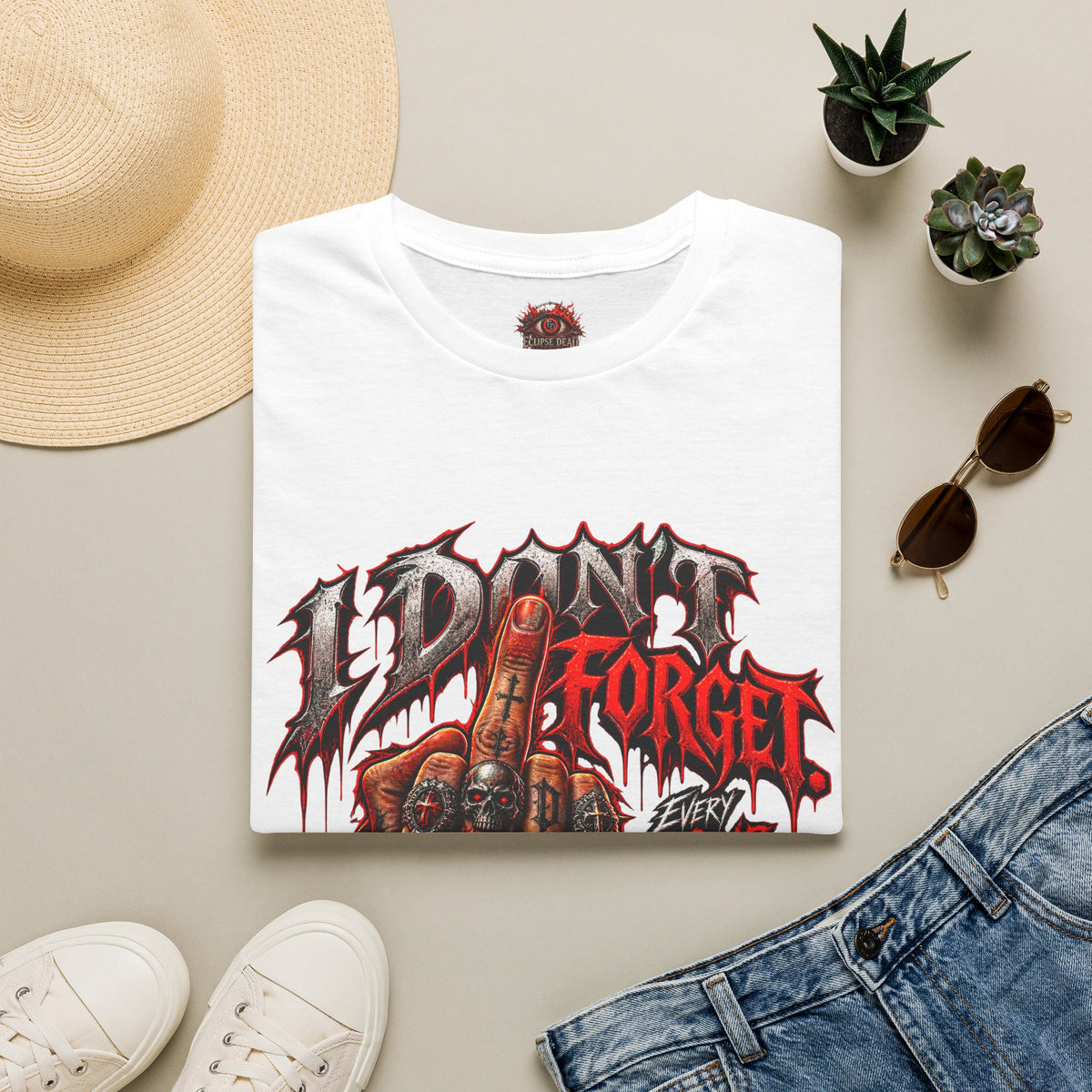 I Don't Forget Graphic T-Shirt — Gothic Middle Finger Skull Design