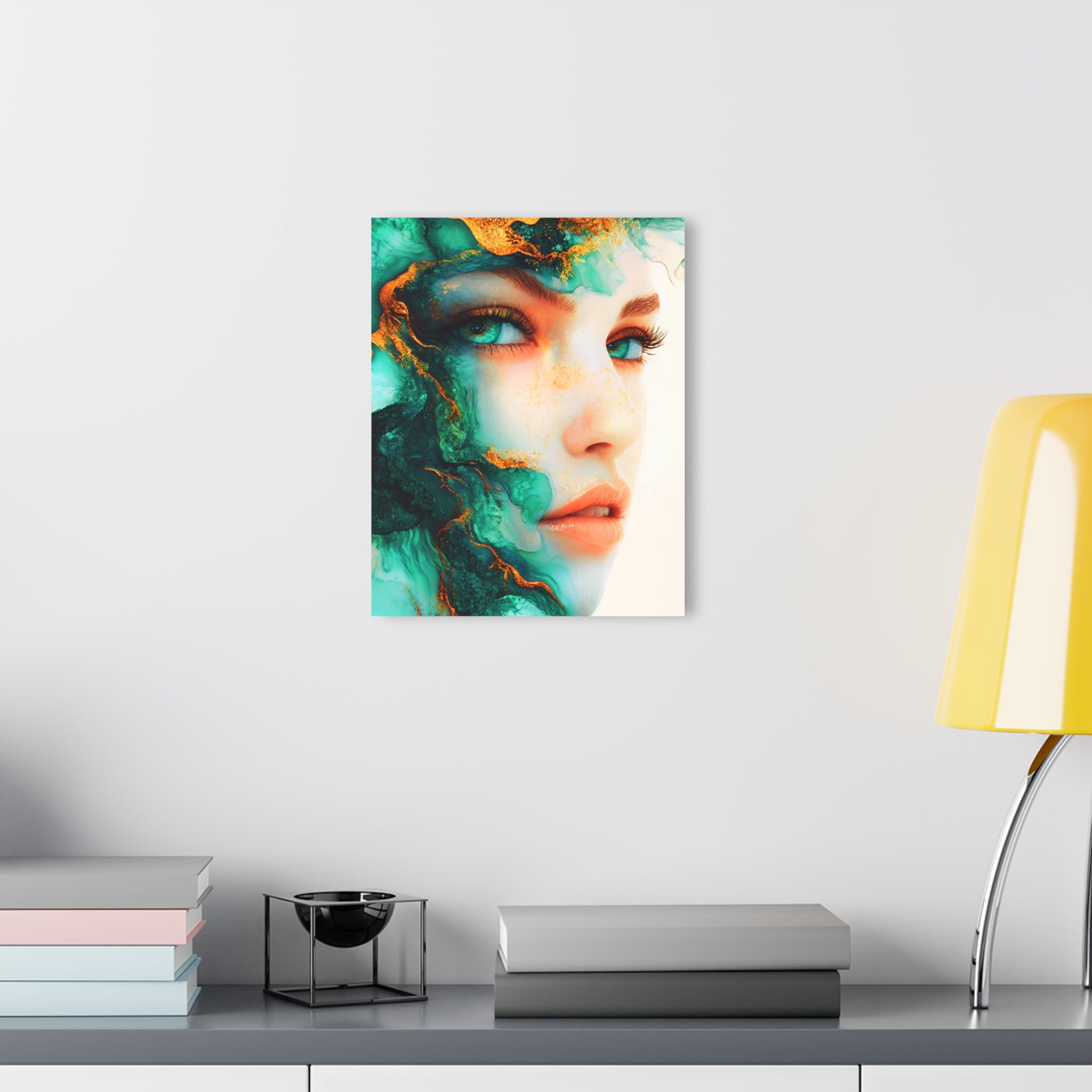 Acrylic Print — Turquoise Portrait Art with Gold Veins (French Cleat Hanging)