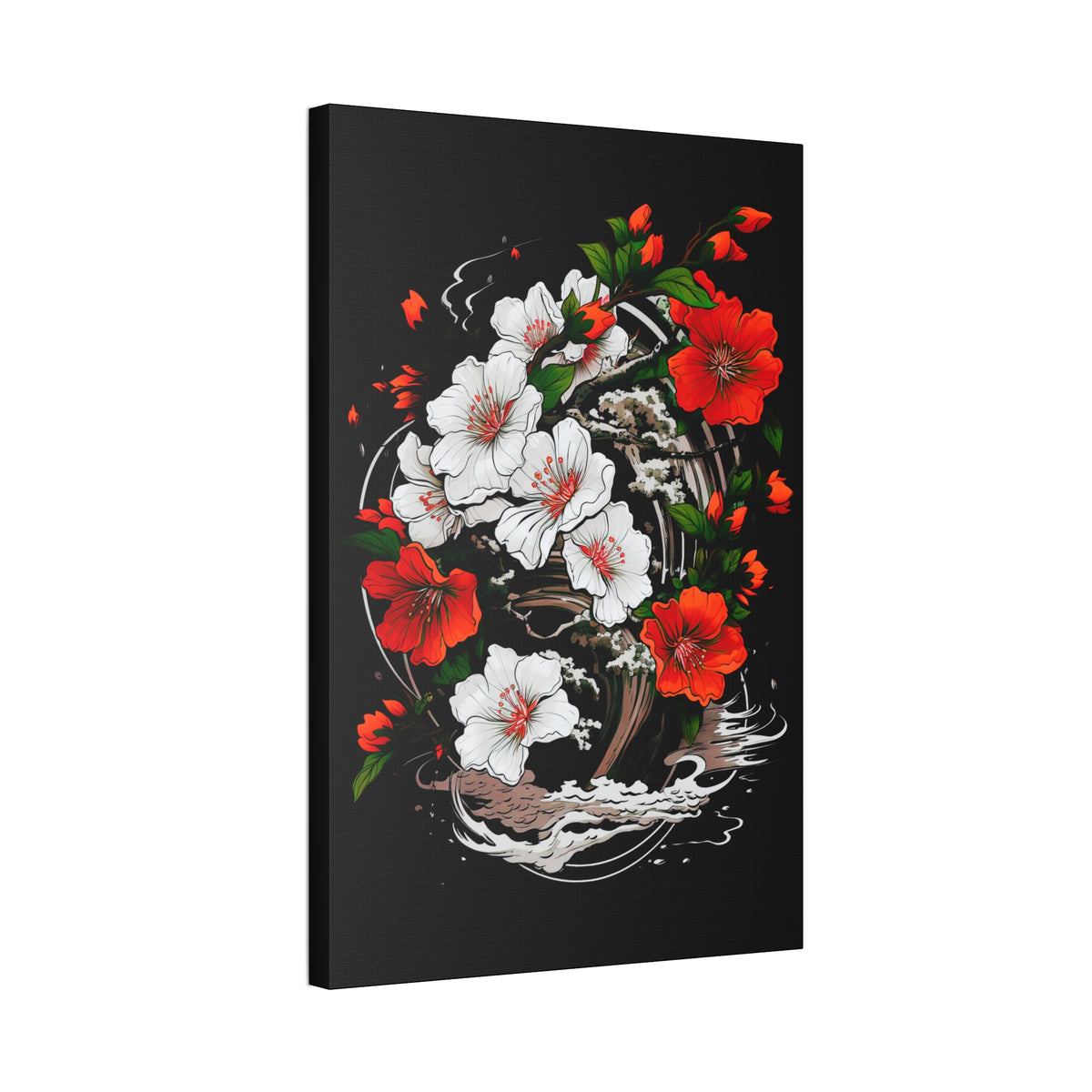Floral Yin-Yang Canvas Print — Red & White Blossoms Stretched Wall Art