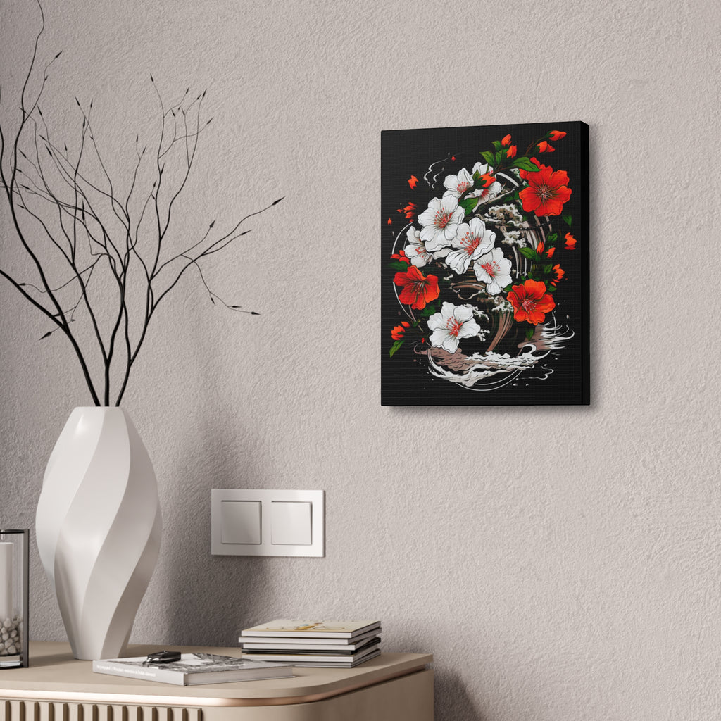 Floral Yin-Yang Canvas Print — Red & White Blossoms Stretched Wall Art