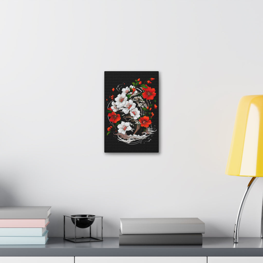 Floral Yin-Yang Canvas Print — Red & White Blossoms Stretched Wall Art