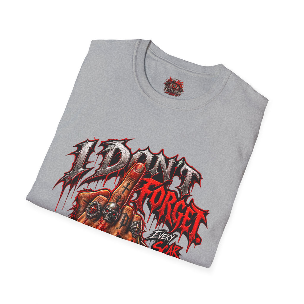 I Don't Forget Graphic T-Shirt — Gothic Middle Finger Skull Design