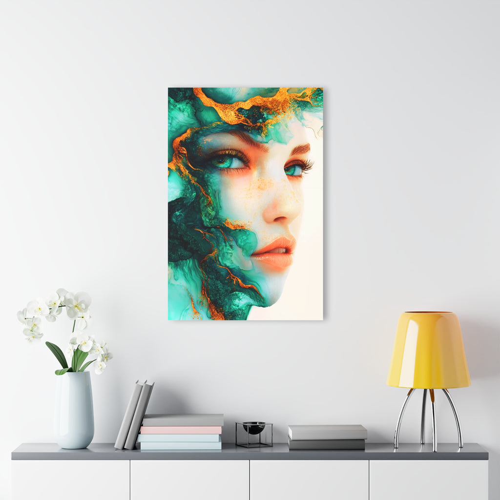 Acrylic Print — Turquoise Portrait Art with Gold Veins (French Cleat Hanging)