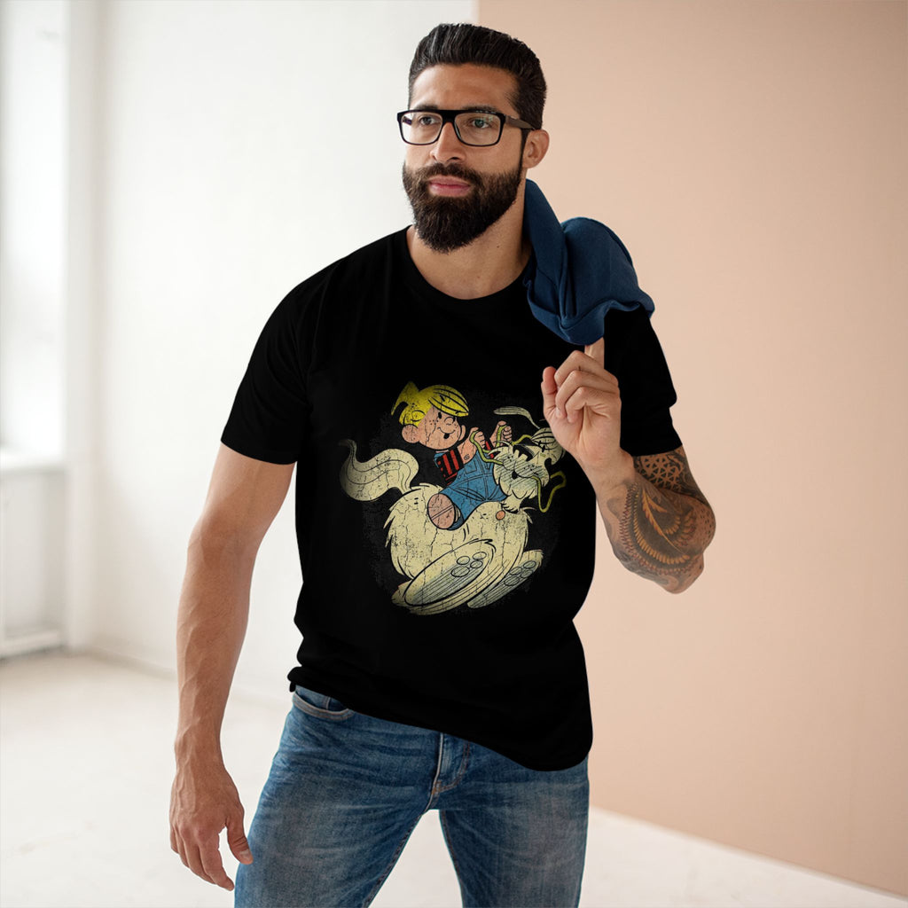 Cartoon Boy Riding Ghost Dog T-Shirt — Retro Spooky Halloween Tee