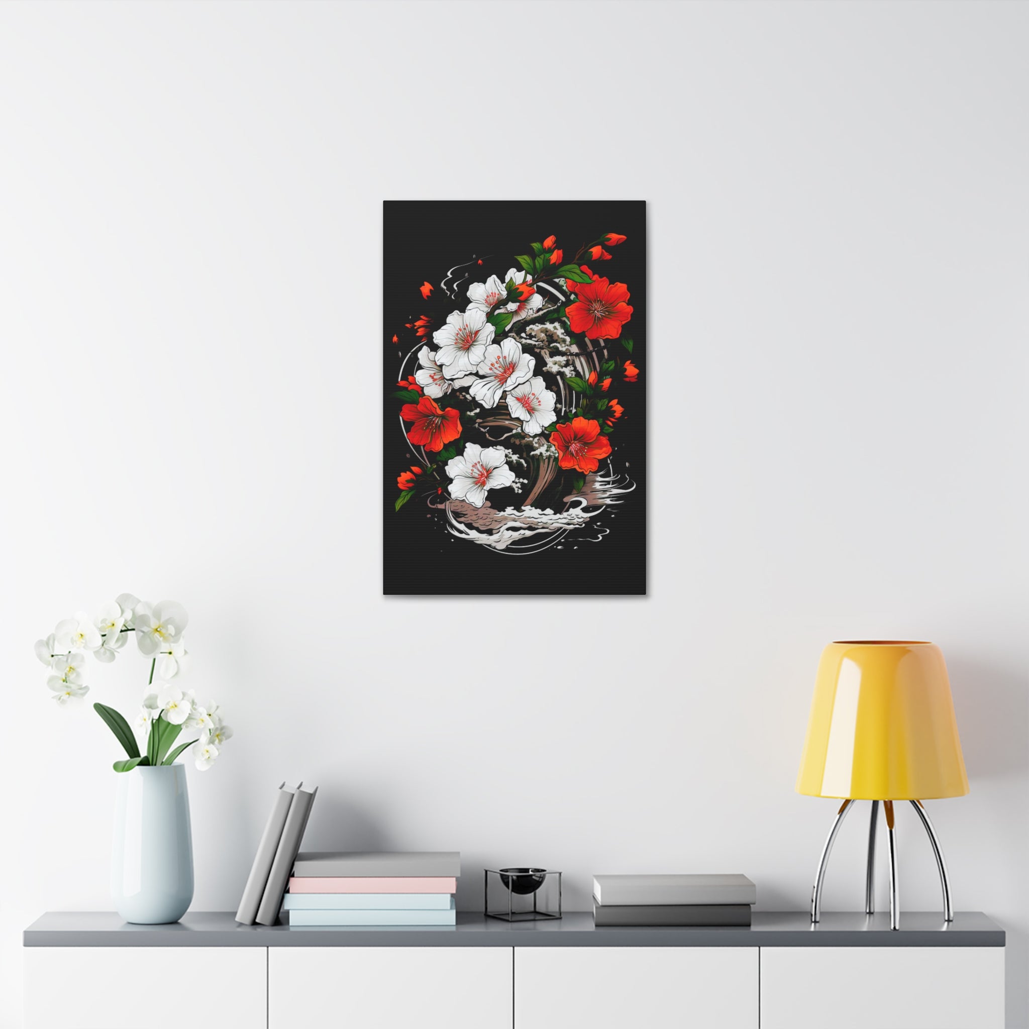 Floral Yin-Yang Canvas Print — Red & White Blossoms Stretched Wall Art