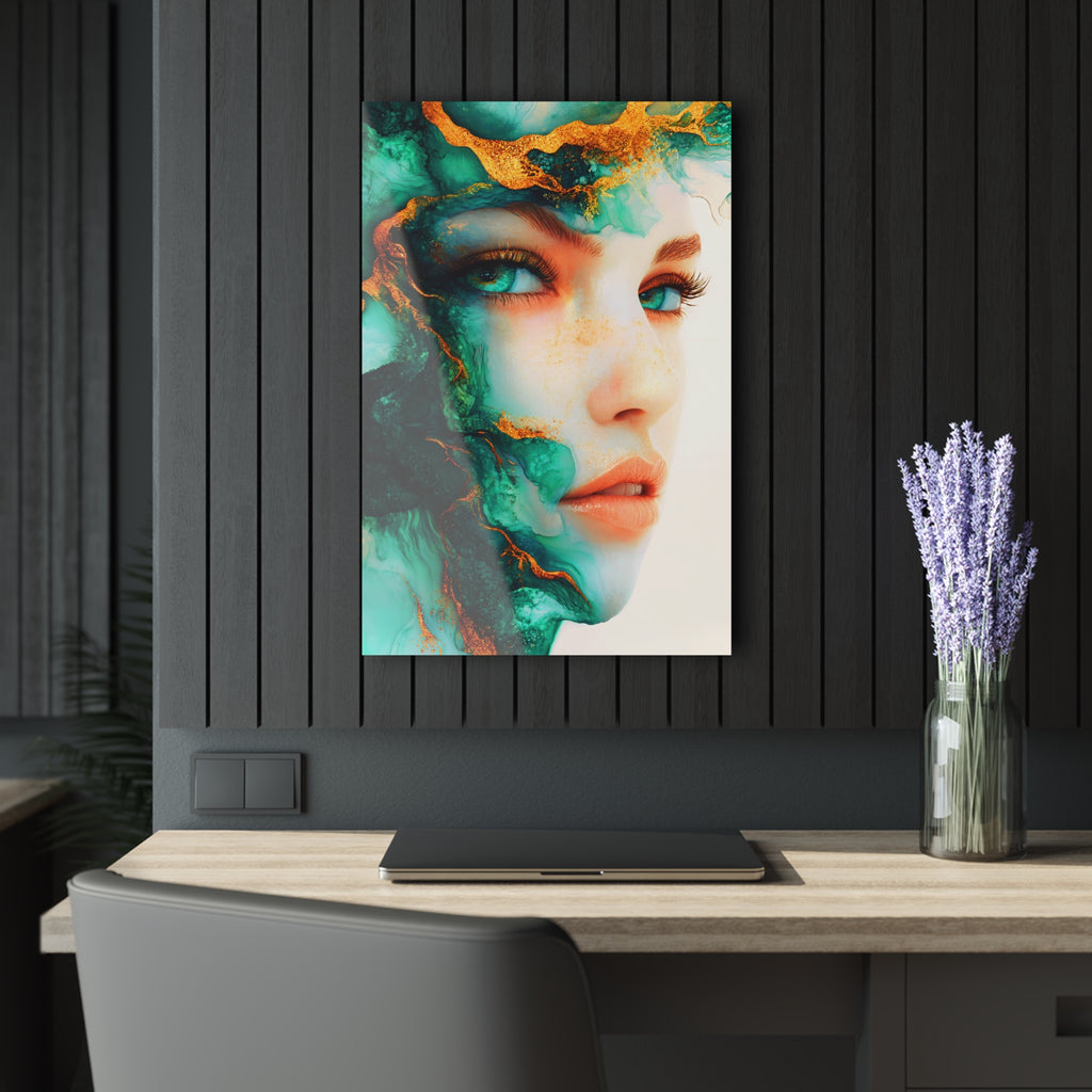Acrylic Print — Turquoise Portrait Art with Gold Veins (French Cleat Hanging)
