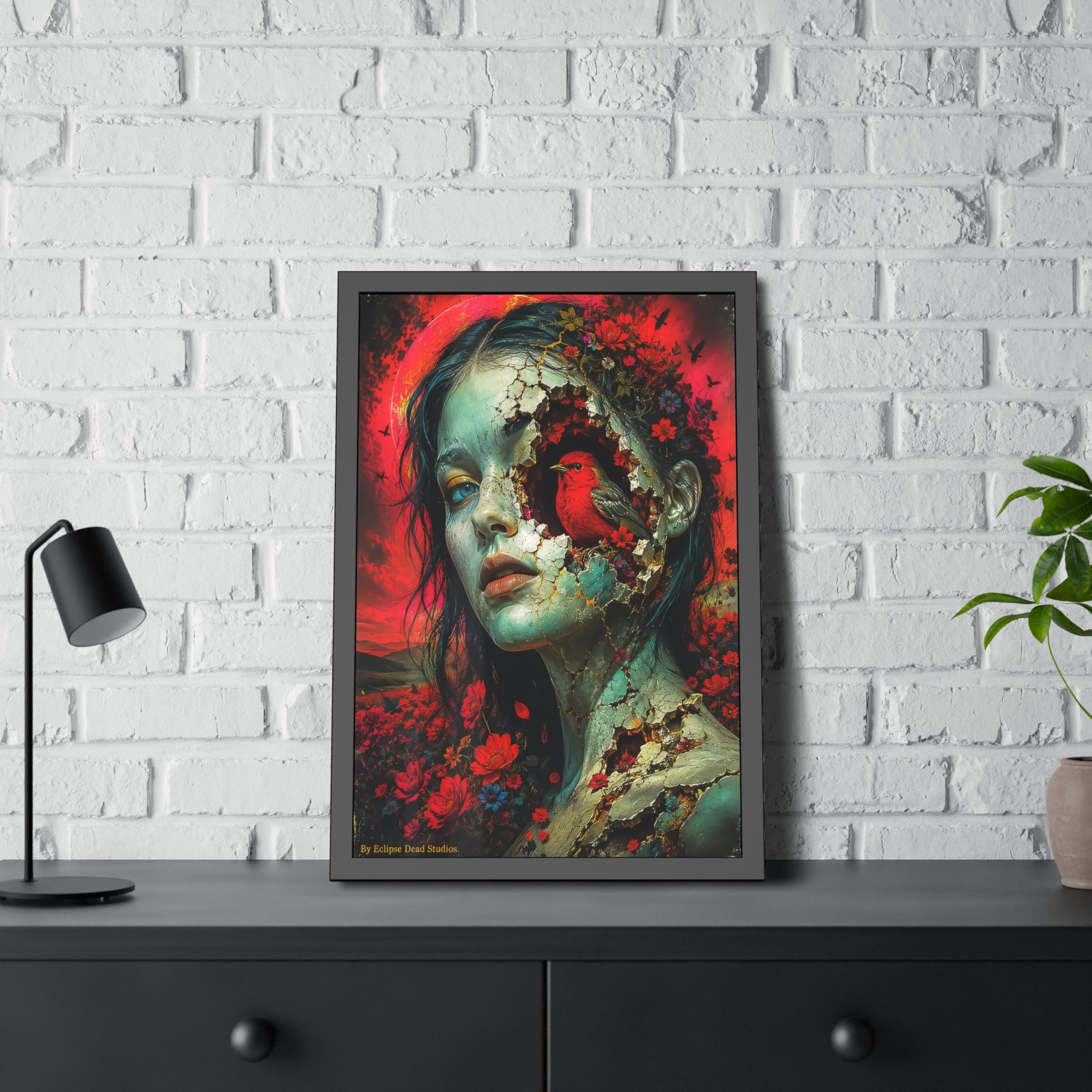 Framed Art Poster — Surreal Floral Portrait with Crimson Cardinal
