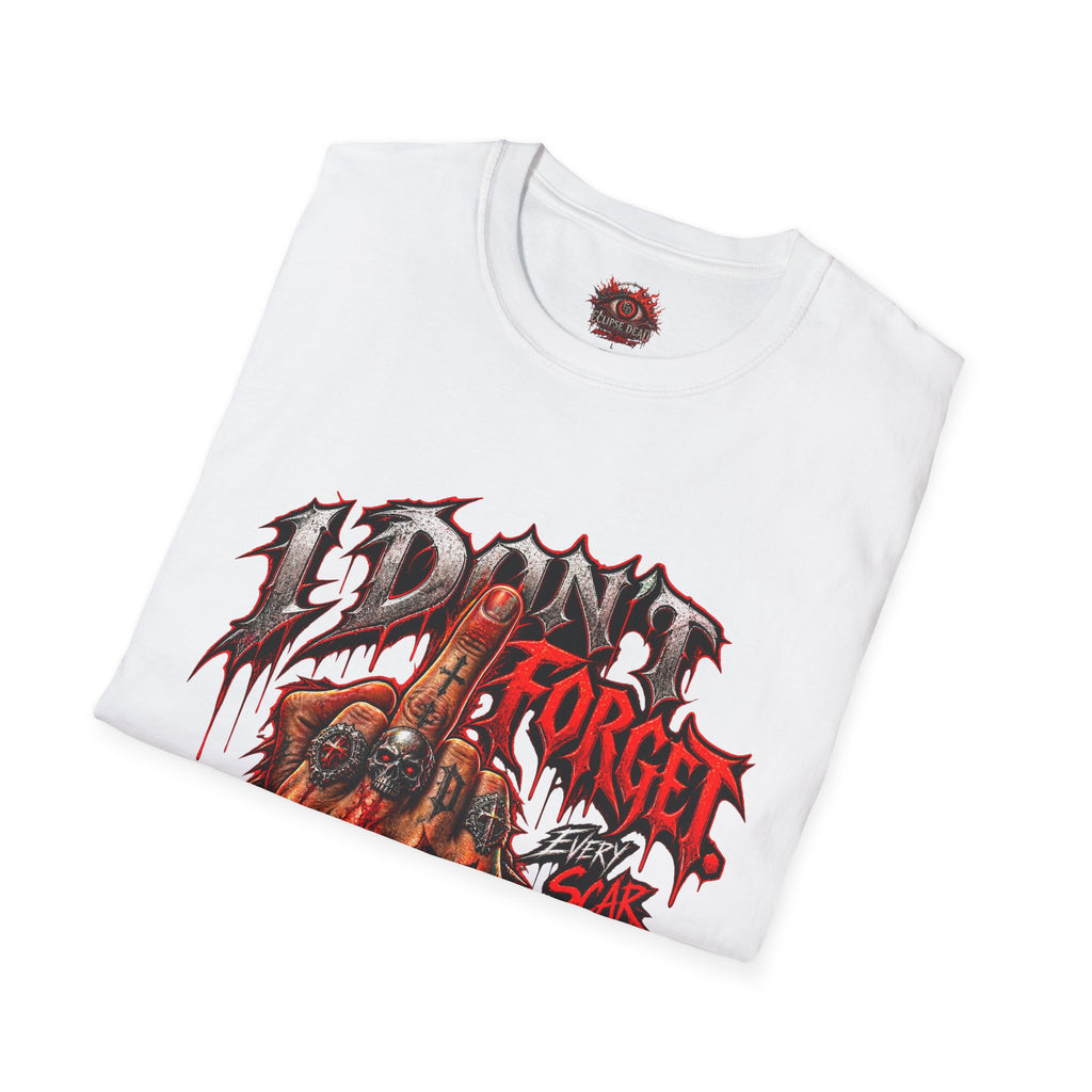 I Don't Forget Graphic T-Shirt — Gothic Middle Finger Skull Design