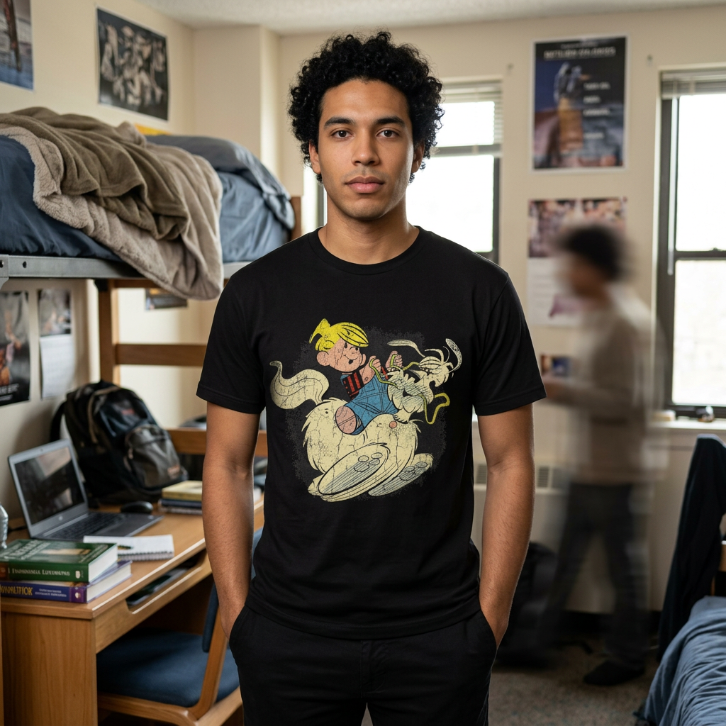 Cartoon Boy Riding Ghost Dog T-Shirt — Retro Spooky Halloween Tee