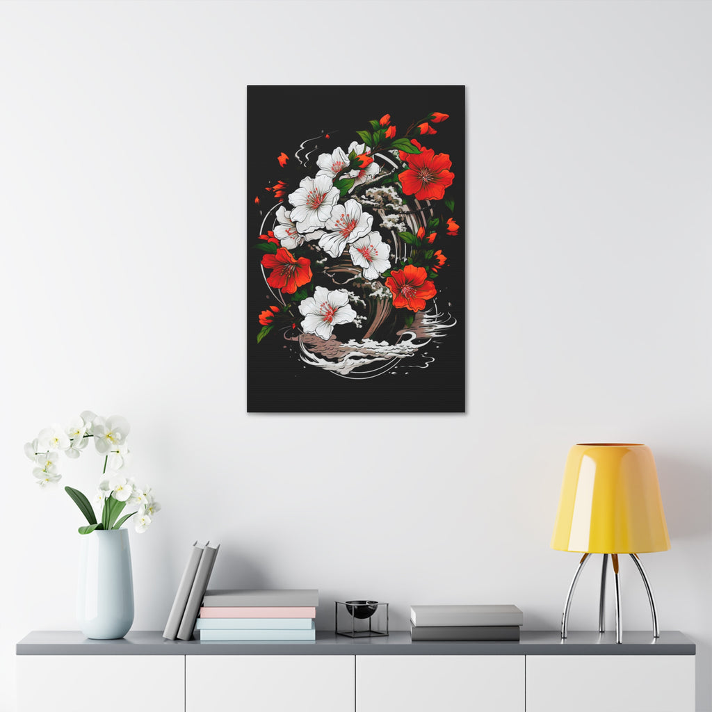 Floral Yin-Yang Canvas Print — Red & White Blossoms Stretched Wall Art