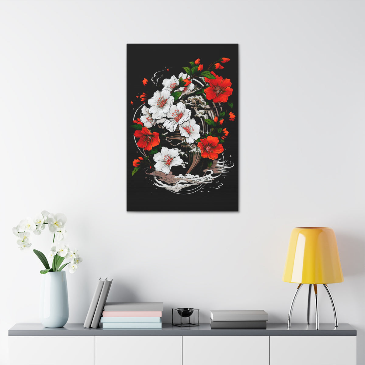 Floral Yin-Yang Canvas Print — Red & White Blossoms Stretched Wall Art