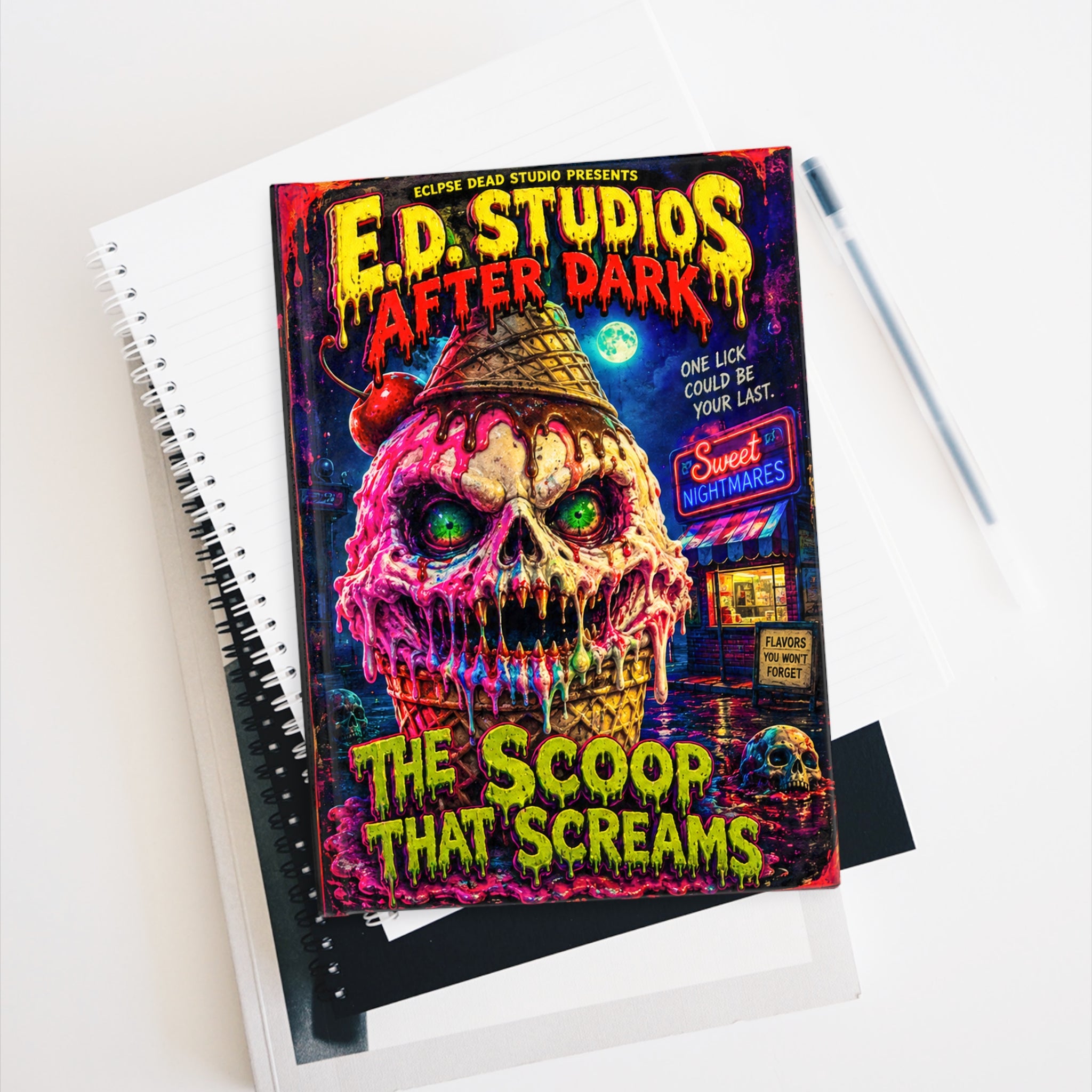 The Scoop That Screams Horror Ice Cream Journal | Ruled Line Notebook, Creepy Retro Movie Poster