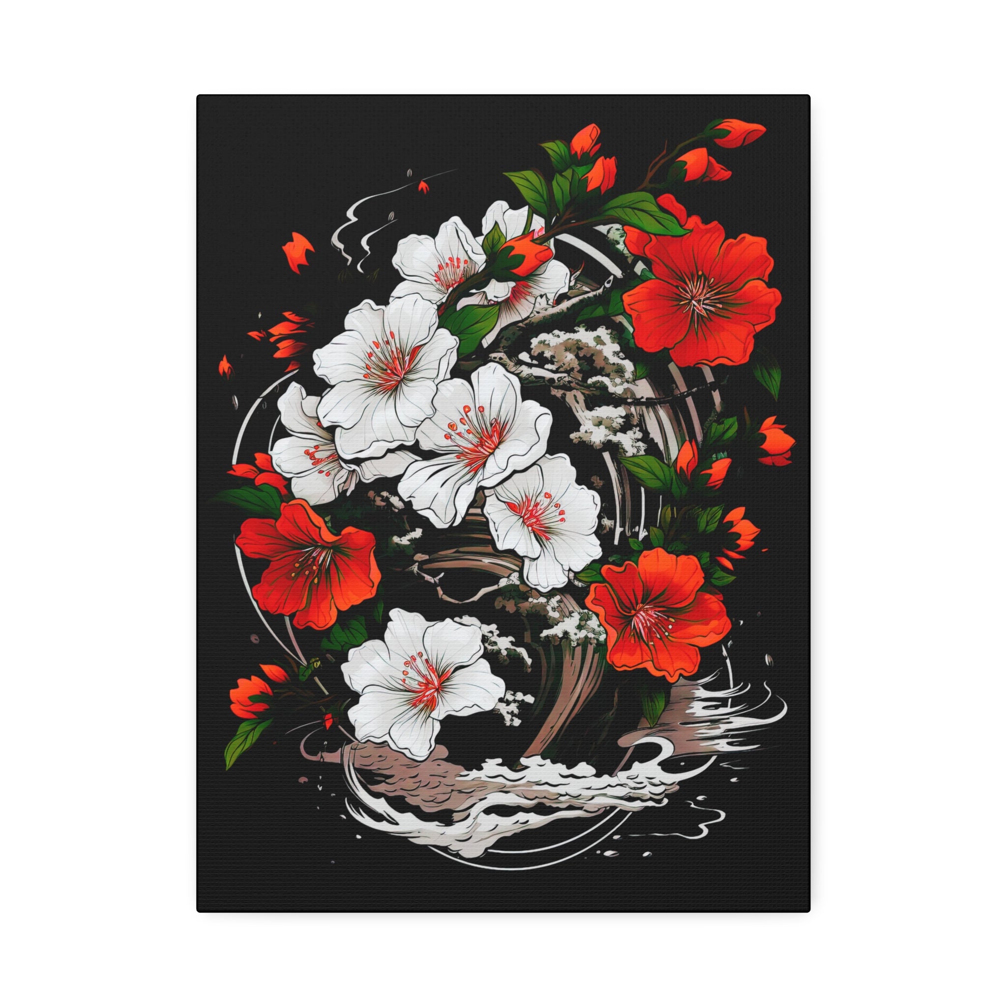 Floral Yin-Yang Canvas Print — Red & White Blossoms Stretched Wall Art