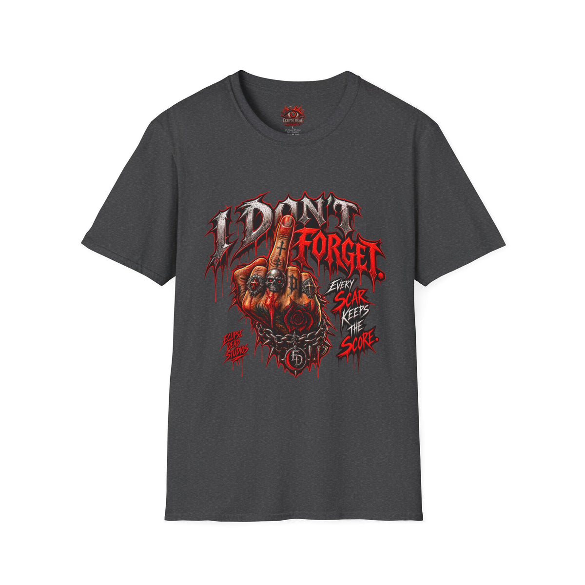 I Don't Forget Graphic T-Shirt — Gothic Middle Finger Skull Design