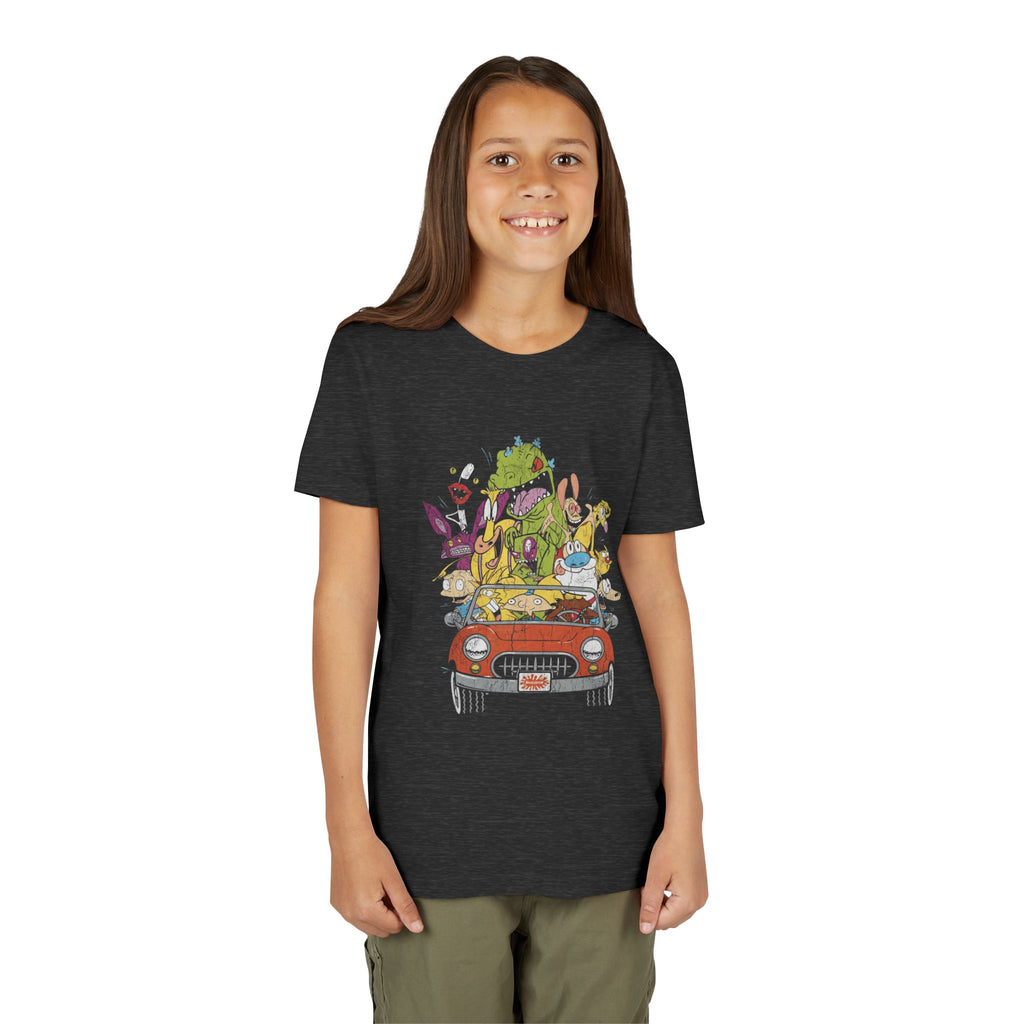 Kids Cartoon Road Trip Tee — Colorful Animal Crew Driving Graphic Youth Shirt