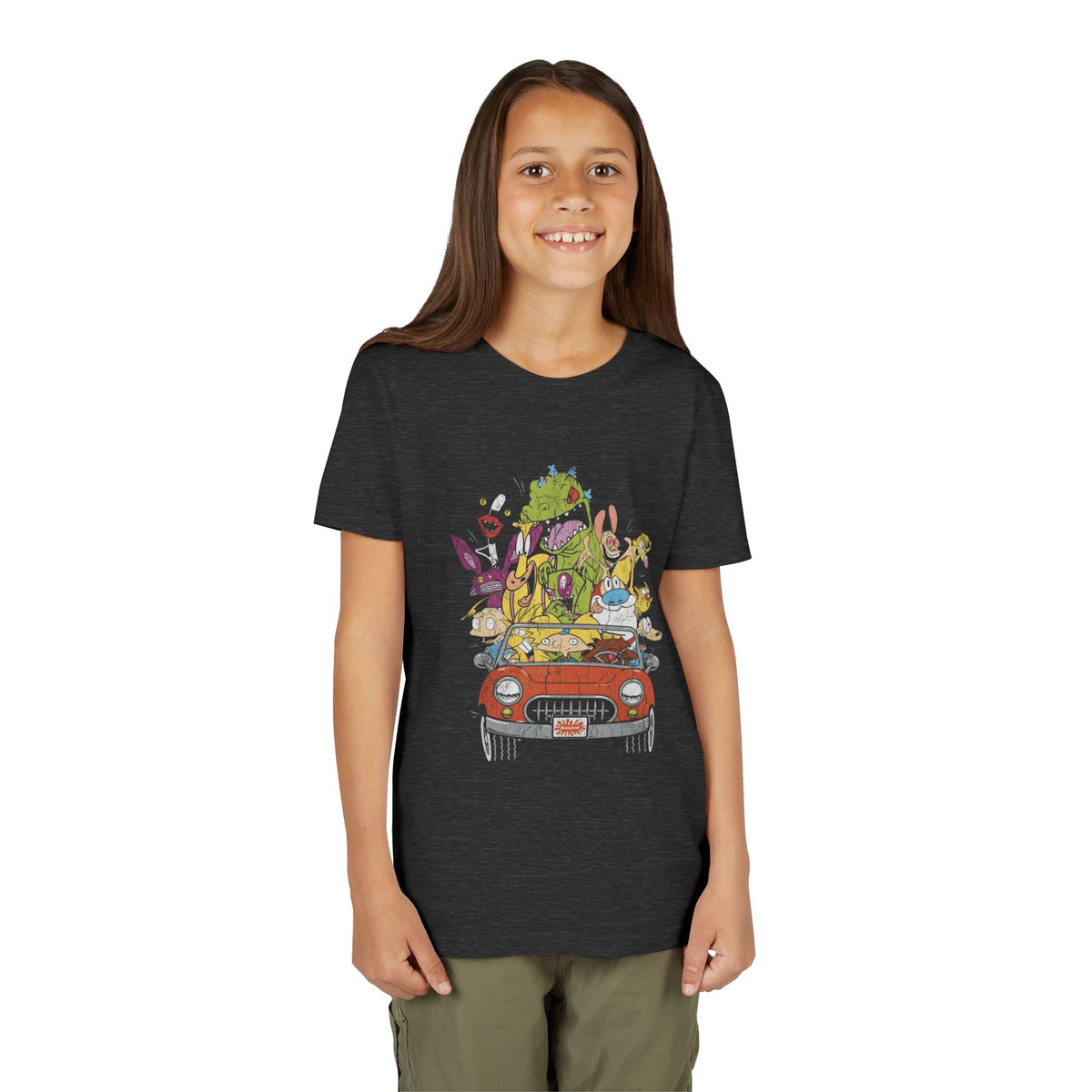 Kids Cartoon Road Trip Tee — Colorful Animal Crew Driving Graphic Youth Shirt
