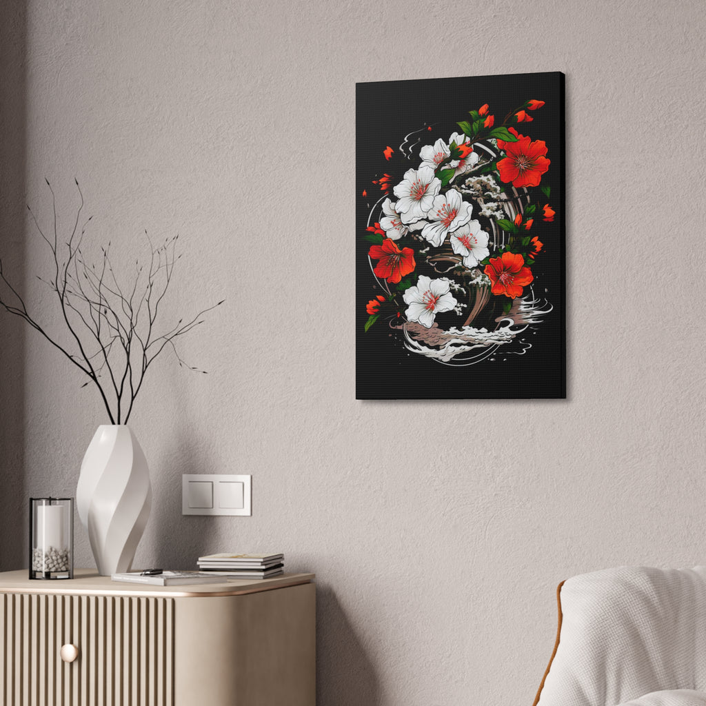 Floral Yin-Yang Canvas Print — Red & White Blossoms Stretched Wall Art