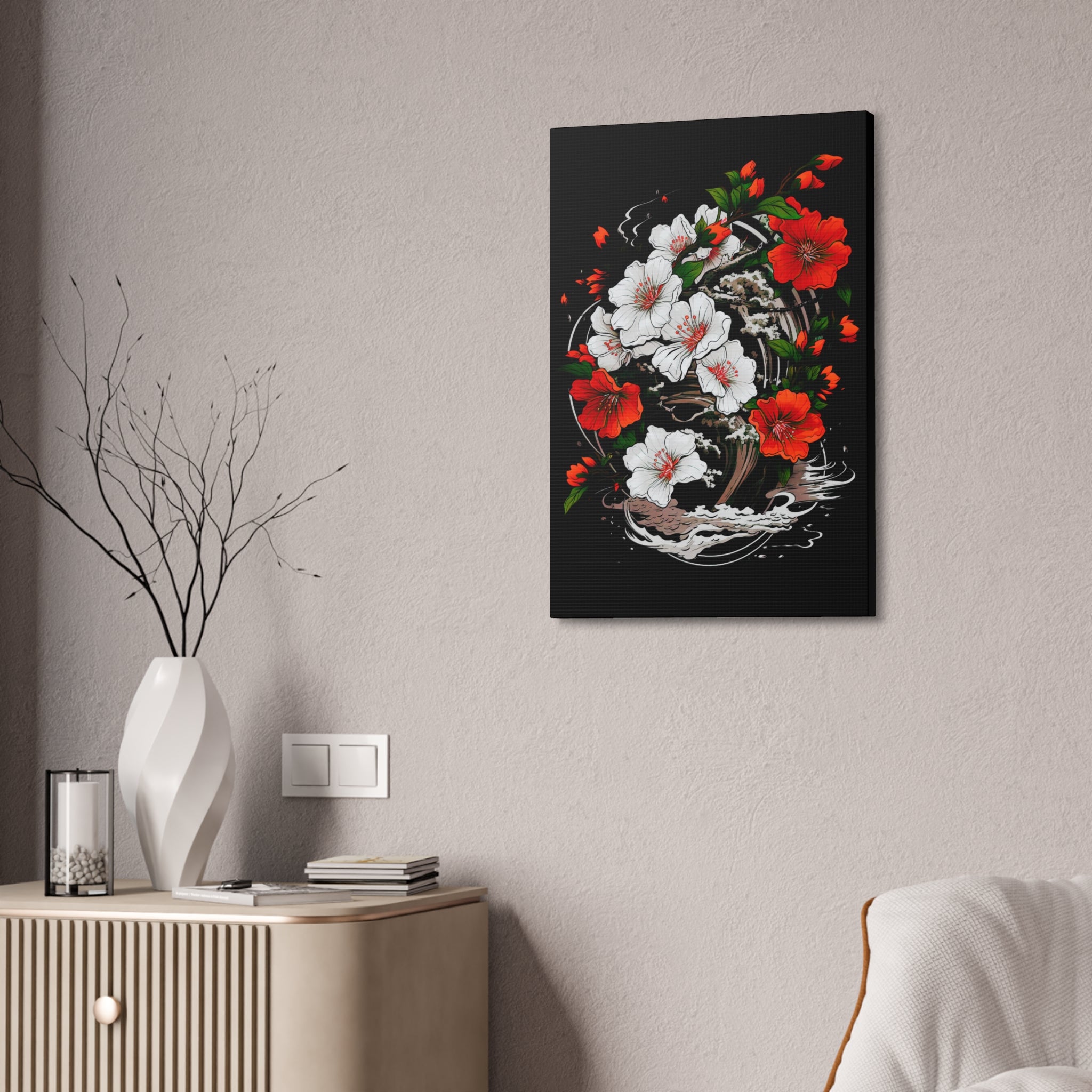 Floral Yin-Yang Canvas Print — Red & White Blossoms Stretched Wall Art