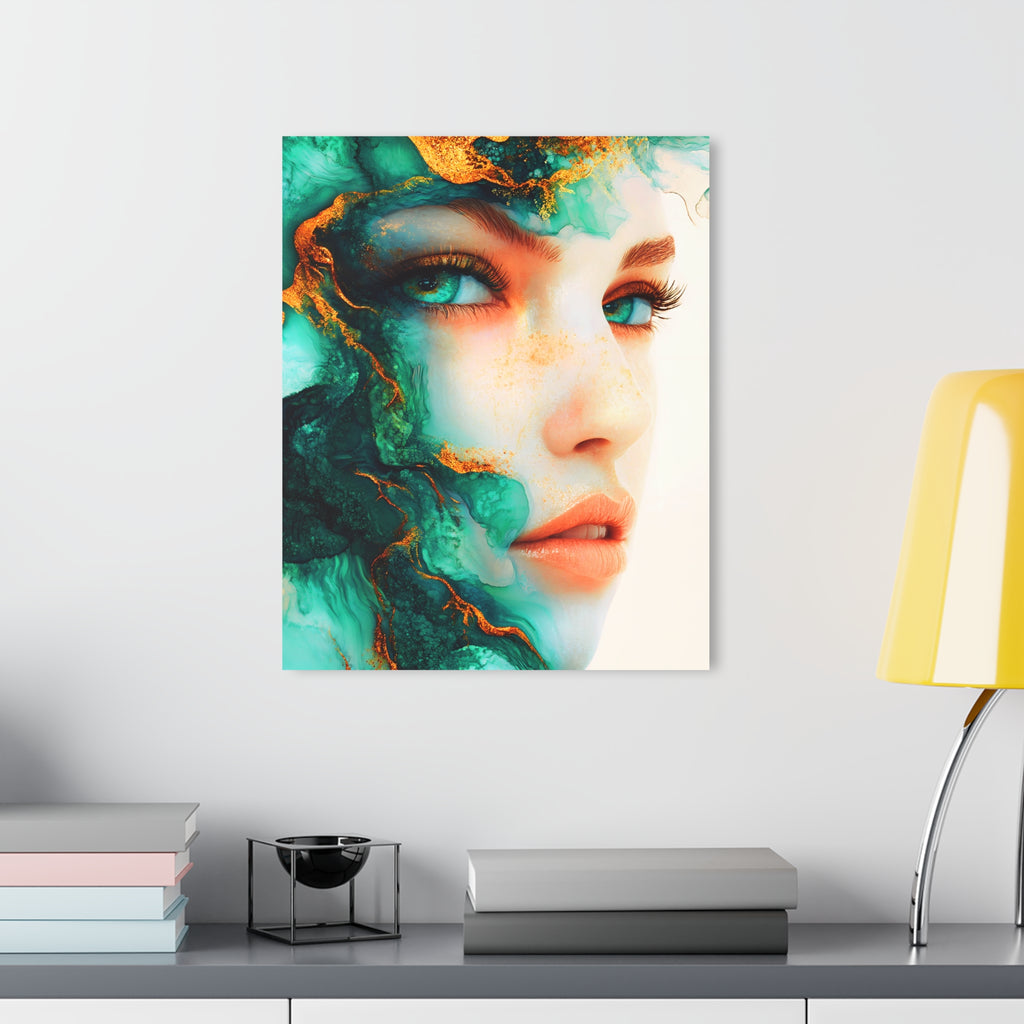 Acrylic Print — Turquoise Portrait Art with Gold Veins (French Cleat Hanging)