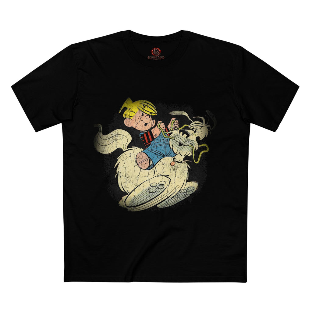 Cartoon Boy Riding Ghost Dog T-Shirt — Retro Spooky Halloween Tee