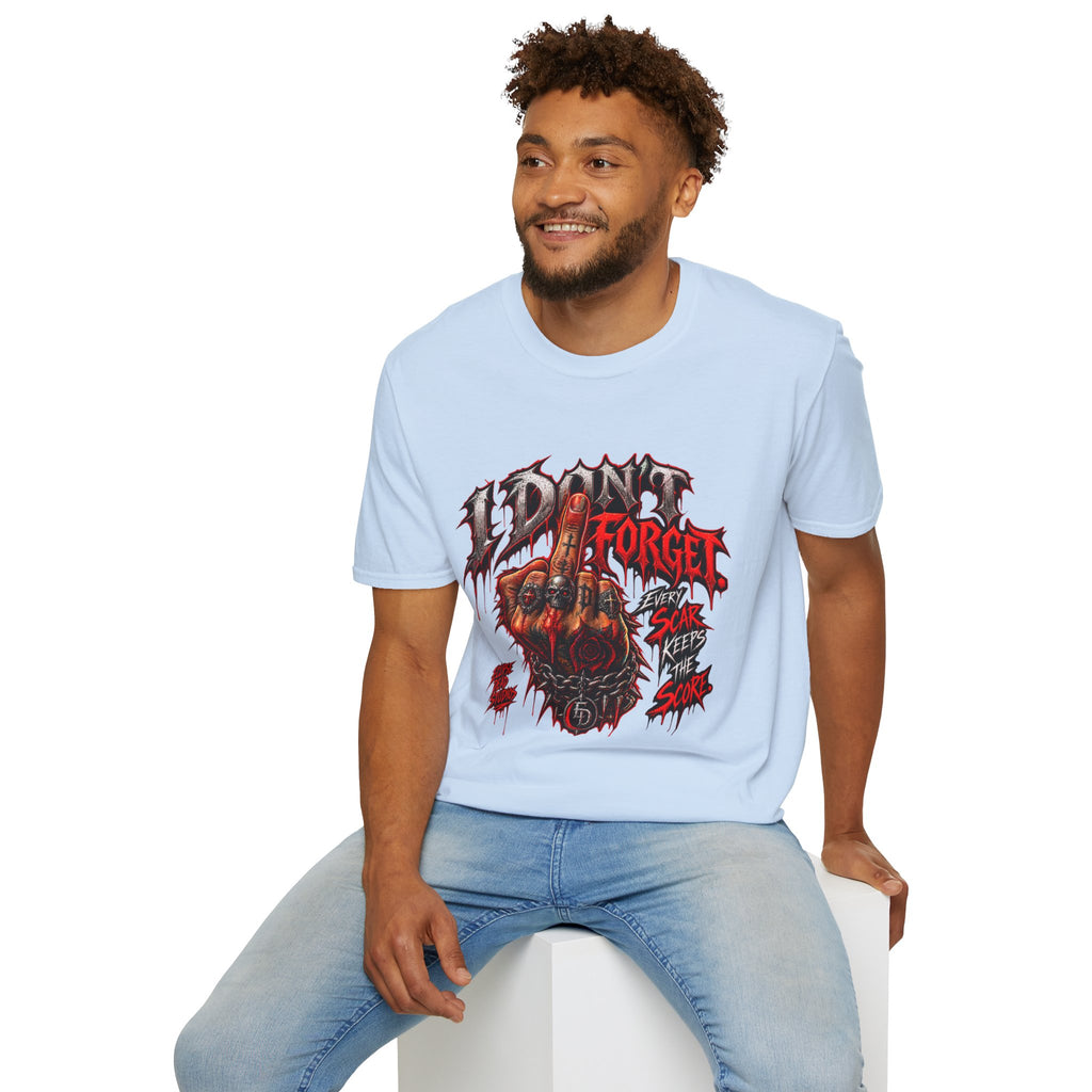 I Don't Forget Graphic T-Shirt — Gothic Middle Finger Skull Design