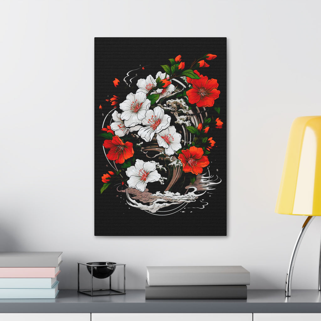 Floral Yin-Yang Canvas Print — Red & White Blossoms Stretched Wall Art