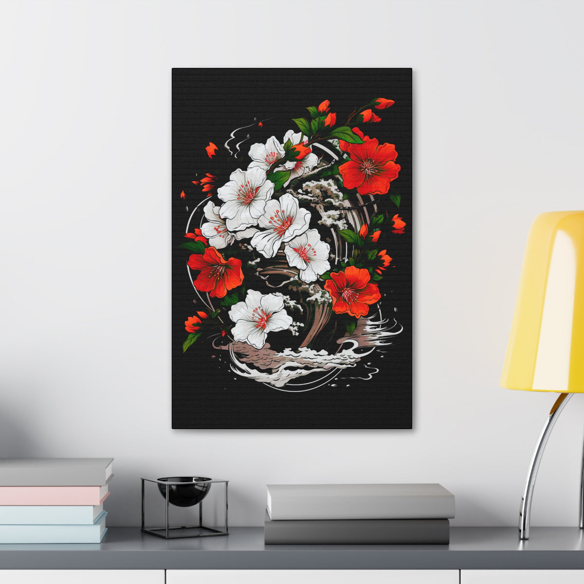 Floral Yin-Yang Canvas Print — Red & White Blossoms Stretched Wall Art