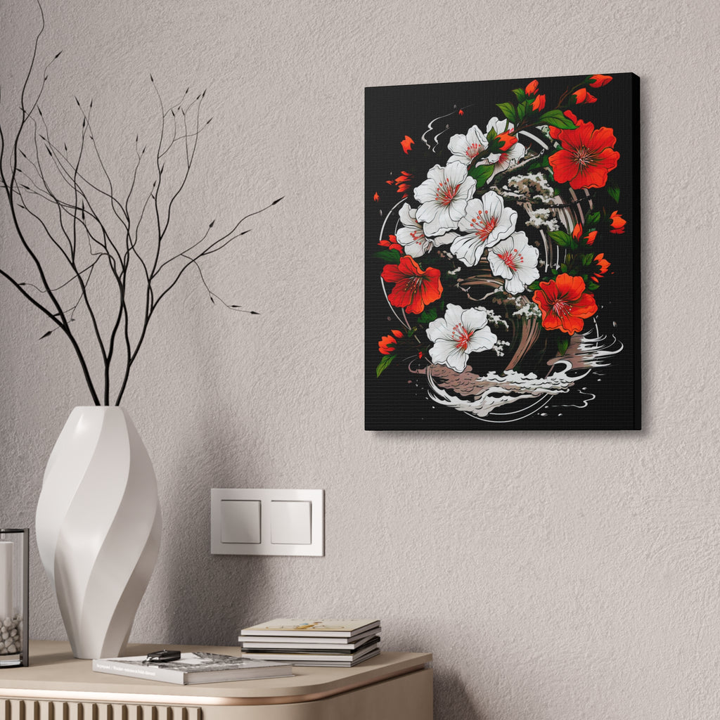Floral Yin-Yang Canvas Print — Red & White Blossoms Stretched Wall Art