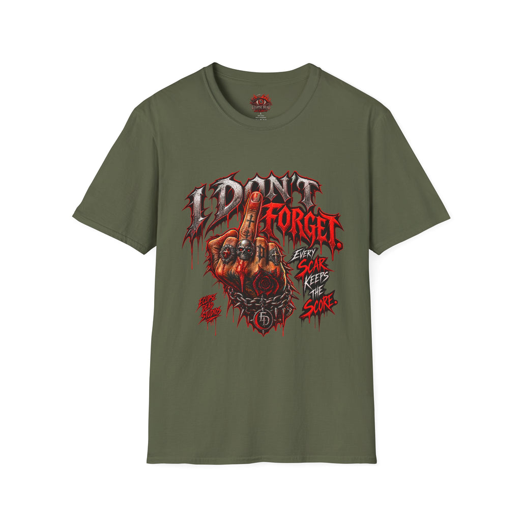 I Don't Forget Graphic T-Shirt — Gothic Middle Finger Skull Design